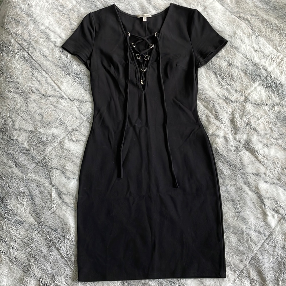 Black Medium Front Tie Bodycon Dress